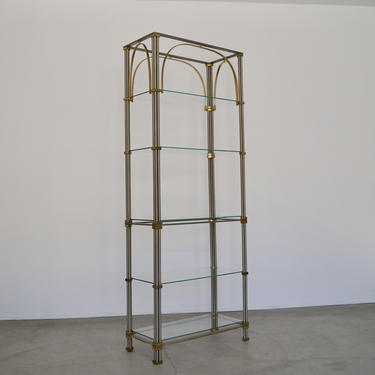 Vintage Hollywood Regency 1970's Italian Etagere Shelf Room Divider in Steel &amp; Brass with New Glass! 