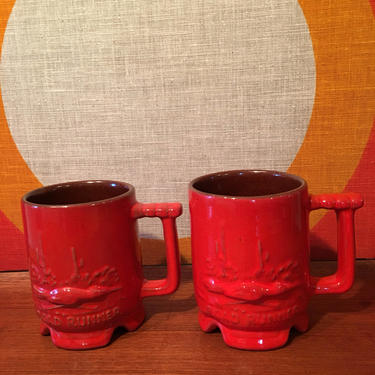 Vintage Frankoma Road Runner Mugs, Set of 2, Flame Red Earthenware Pottery Mugs, 1970s Frankoma Mugs, Made in Oklahoma, Cactus Desert Scene 
