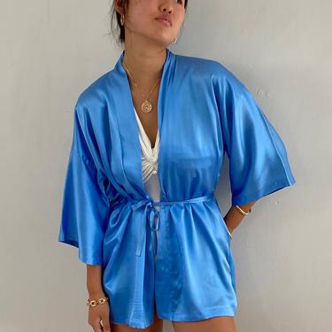 90s silk charmeuse short kimono robe / vintage cerulean ocean blue liquid silk satin kimono robe dressing gown duster | M L 