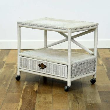 White Wicker End Table W Casters