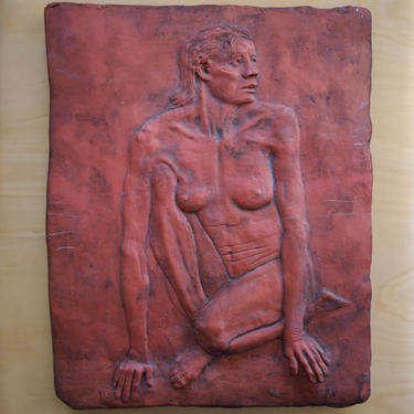 Large TERRACOTTA WALL PLAQUE w/ Female Nude Relief, Modern folk art outsider brut primitive italian sculpture portrait clay ceramic tile 