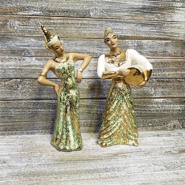 1950s Vintage Balinese Figurines, Yona Pottery Mid Century Modern, Green Gold Dancers Musician, Man &amp; Woman Couple, Vintage Home Decor 