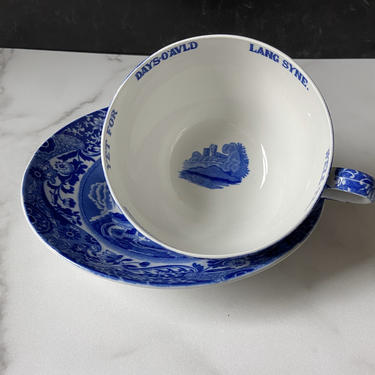 Vintage Copeland Spode Italian Joke Cup and Bowl - Auld Lang Syne, blue and white transferware, jumbo or oversized cup 