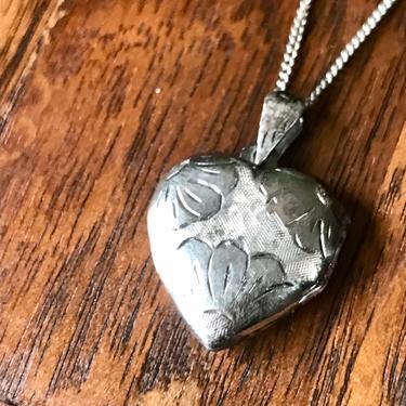 Sterling Heart Locket Pendant Necklace Silver 926 FAS Etched Floral Vintage Jewelry 