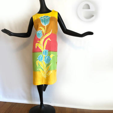 MOD Vintage 60s Shift Dress | Hippie Boho Twiggy Style Novelty Print Watercolor Tulips Color Block | Spring Summer Mini Dress | Size Large 