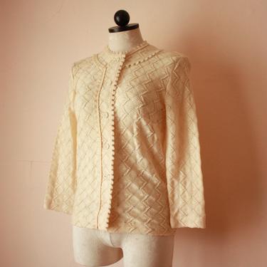 60s 70s White Crocheted Cardigan Sweater Made in Austria Size S / M 