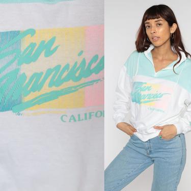 San Francisco Shirt Quarter Zip Sweatshirt 80s Pastel Blue Yellow Pink 90s Pullover Sweater California Sweater Vintage Retro Tourist Large L 