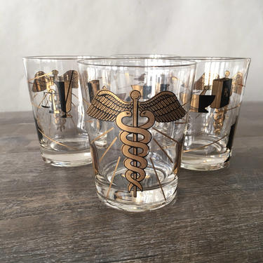 Vintage Pharmacy Glasses s/4, old fashioned, DOF glass, mid century modern barware, back and gold, caduceus, apothecary, pharmacist gift 
