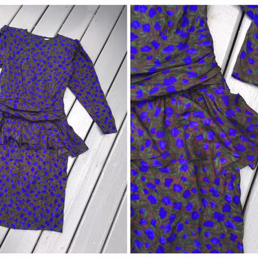 Vintage 80s 90s silk Argenti dress, silk peplum dress / purple print 80s dress, vintage silk dress / Argenti silk dress, floral print dress 