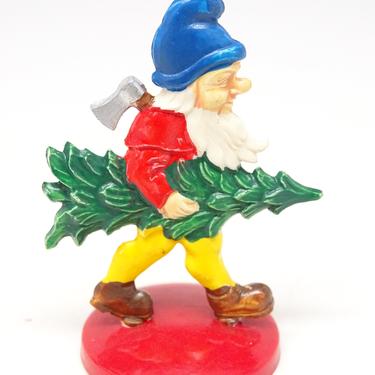 Vintage German Christmas Elf with Christmas Tree and Ax, Antique Hand Painted Plastic Toy, Antique Gnome Dwarf 
