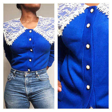 Vintage 1980s 1990s 80s Oversized Collar Sweater Cardigan Blazer Jacket Faux Pockets Pearl Button Front Blue Cobalt Pleated Shoulder Top 