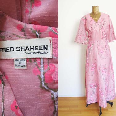 Vintage 1970s Alfred Shaheen Maxi Dress M - Pink Cherry Blossom Japanese Kimono Sleeve Long Dress - Floral Maxi Dress Bohemian 