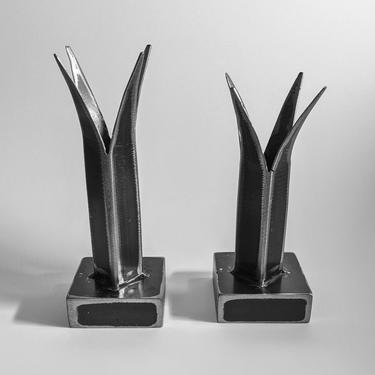 Qty 2 Michael Daniel Metal Art Sculptural Vase Black Silver Sq Base Tube Crown Point Tops Welded Patina Brutalist Minimalist Modern MCM Ex C 