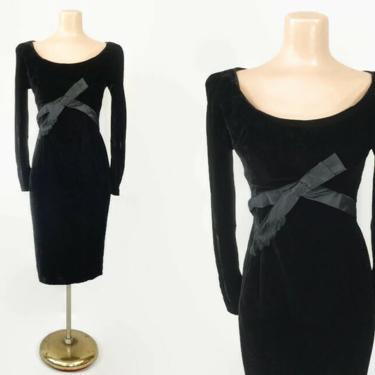 VINTAGE 50s Hourglass Black Velvet Wiggle Dress with Bow | 1950s Bombshell Cocktail Dress | Long Sleeve Party Dress Shelf Bust 