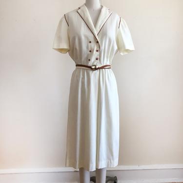 Cream-Colored, Belted Shirtdress with Brown Piping - 1970s 