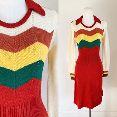 Vintage 1970s Chevron Sweater Dress / S/M 