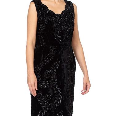 1950S Black Rayon Blend Velvet Sequin Beaded Cocktail Dress 