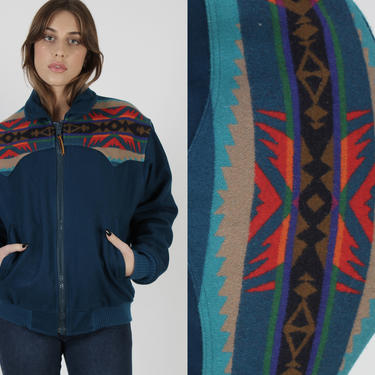 Vintage Teal Pendleton Jacket / 80s Rainbow Ethnic Print Pendleton Coat / Native American Southwestern Wool Bomber Small 