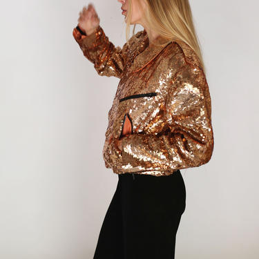 Vintage 1980s Rose Gold Fully Sequined Structured Motorcycle Jacket S M RARE Beaded 80s 90s Moto Zippered Structured Shoulders 