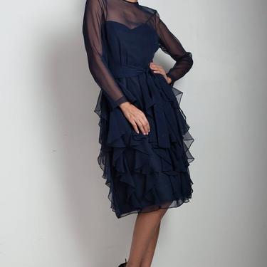 vintage 80s tulip ruffled dress party cocktail navy blue belted sheer long sleeves SMALL S 