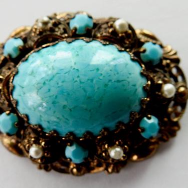 Mid Century Turquoise Peking Glass Victorian Revival Brooch 
