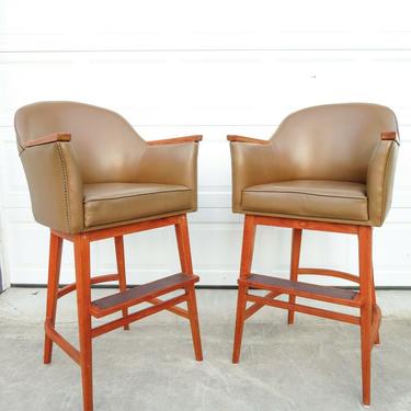 VTG Mid Century TALL TEAK &amp; LEATHER CHAIRS FROM HELM OF YACHT Ship BAR STOOLS