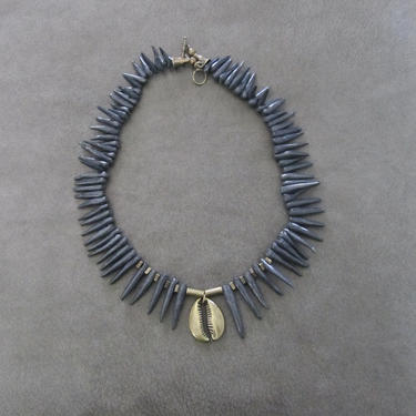 Black bib necklace, statement necklace, bold African necklace, Afrocentric necklace, exotic necklace, tribal ethnic necklace, bronze cowrie 