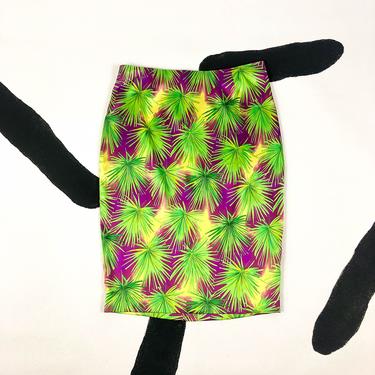 90s SIlk Palm Print Pencil Skirt / Purple and Green / Hugo Buscati / Small / Tropical / Fronds / Ferns / JLO / Satin / Silky / Shiny / y2k / 