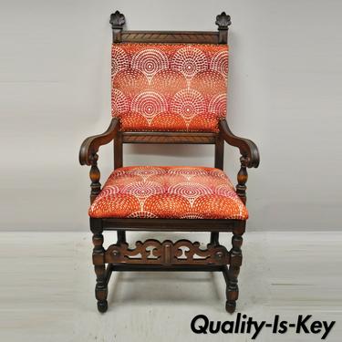 Antique Italian Renaissance Revival Carved Walnut Throne Captains Red Arm Chair