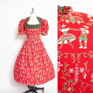 Vintage Dirndl Dress 1950s Austrian Novelty Print Red Cotton Ethnic Octoberfest Medium 