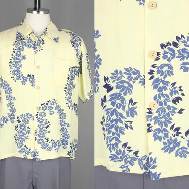 1950s Flower Lei Print Hawaiian Shirt · Vintage 50s Yellow &amp; Blue Tropical Shirt · Medium 