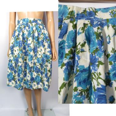 Vintage 50s Blue Rose Print Cotton Skirt Size XXS 