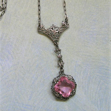 Antique Art Deco Sterling Silver Necklace, Antique 1920's Pink Glass Stone and Flower Filigree Lavaliere, Old Filigree Necklace (#3857) 