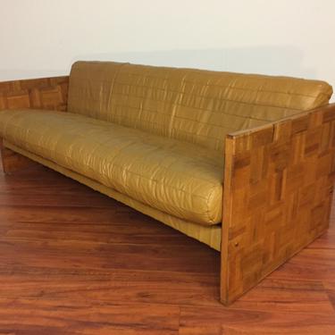 Patchwork Leather and Oak Parquet Vintage Sofa 