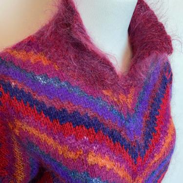 Colorful Bright striped soft fuzzy mohair sweater~ hand knit crocheted Mohair hairy ~Rainbows chevron stripes~ 1980’s-90’s 