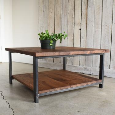 Square Coffee Table With Lower Shelf / Industrial Reclaimed Wood and Steel Coffee Table 