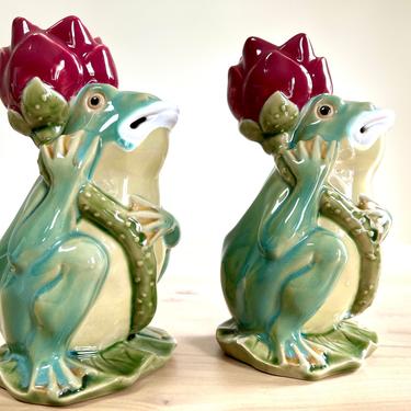 Large Pair of Porcelain Frog Candle Holders - Stamped Original - Wanjiang China 
