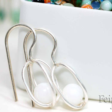 Sterling Silver Earrings with Floating White Glass Spheres - Free Domestic Shipping 