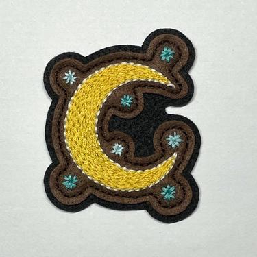 Handmade / hand embroidered black &amp; brown felt patch - gold crescent moon and light blue stars - vintage style - traditional tattoo 