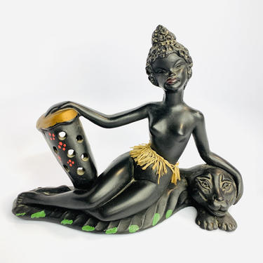 Mid Century African Chalkware Woman Figurine Barsony Sculpture 
