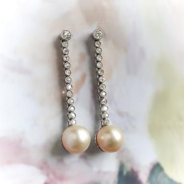 Art Deco Cultured Pearl Diamond Drop Earrings Platinum 18K 