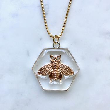 Vintage Inspired Honey Bee Necklace | Honey Comb Necklace | Honeybee Necklace | Insect Necklace | Insect Pendant | Resin Necklace | Pentagon 