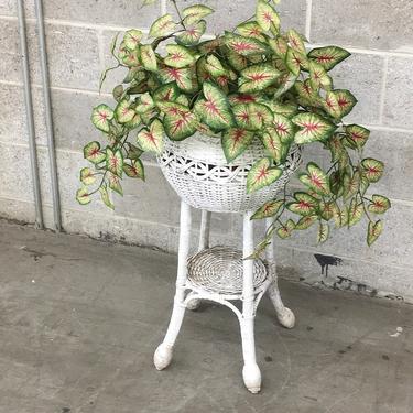Vintage Plant Stand Retro 1980s White Wicker + Woven Frame + 2 Tier + Open Shelf and Round Top + Indoor Plant Display + Home Decor 