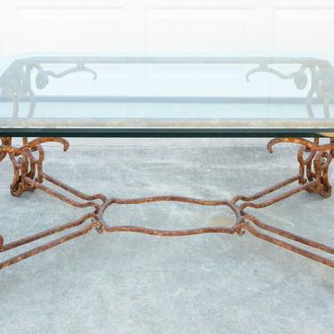 Contemporary FRENCH GILTED WROUGHT IRON GLASS COFFEE TABLE Antique GLAM REGENCY