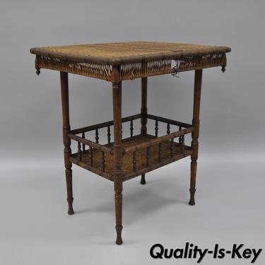 Antique Victorian Wicker &amp; Oak Wood 2 Tier Hall Table Plant Stand Fern Spindle