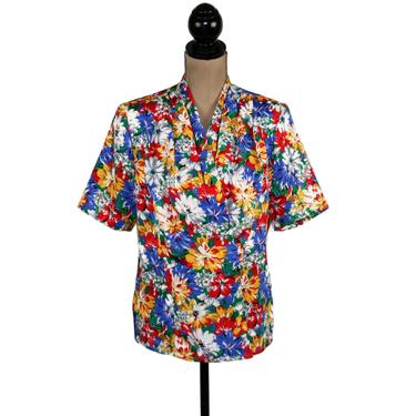 Vintage Floral Short Sleeve Colorful Print Blouse Medium, Double Breasted Jacquard Blouse with Shoulder Pads, 80s 90s Clothes for Women 