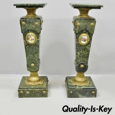 Pair of Louis XV XVI French Style Green Marble Pedestal Stands w/ Bronze Ormolu