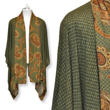 Vintage Plus Size Open Front Duster Jacket OSFA Bohemian Style Jacket in Beige and Green with Paisley Print 