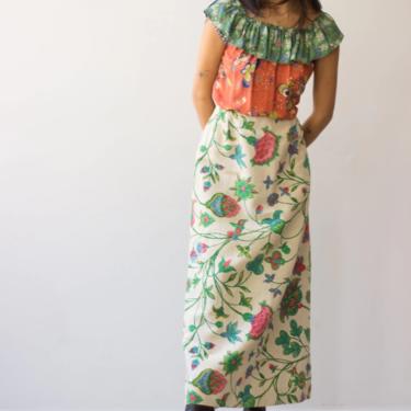 1960s Brooks House Floral Printed Linen A-Line Maxi Skirt 