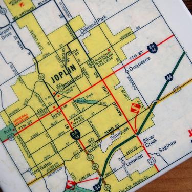 1971 Joplin Missouri Handmade Vintage Map Coaster - Ceramic Tile Coaster - Repurposed 1970s Skelly Oil Company Road Map 